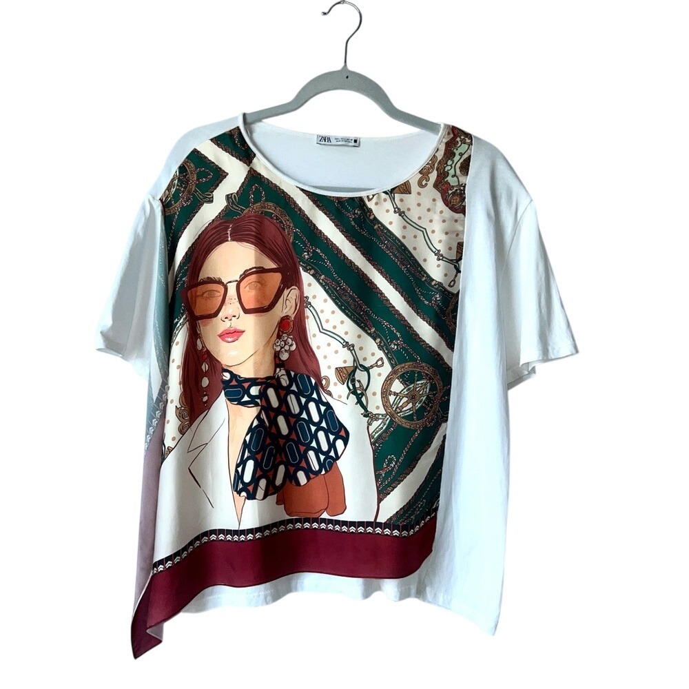 Zara‎ Original White Short Sleeve Scarf-Print Tee Large - Picture 2 of 9
